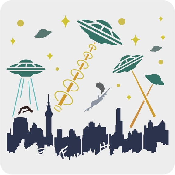 UFO Attack on City Stencil 11.8x11.8inch Alien Template Stencils UFO Spaceship Humans City Buildings Pattern PET Reusable Large Stencils
