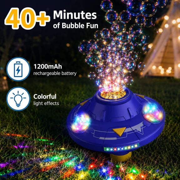 UFO BUBBLE MACHINE Rechargeable 1200mAh Battery 40+ Minutes Run Time UFO Style Design That Moves While Blowing Bubbles