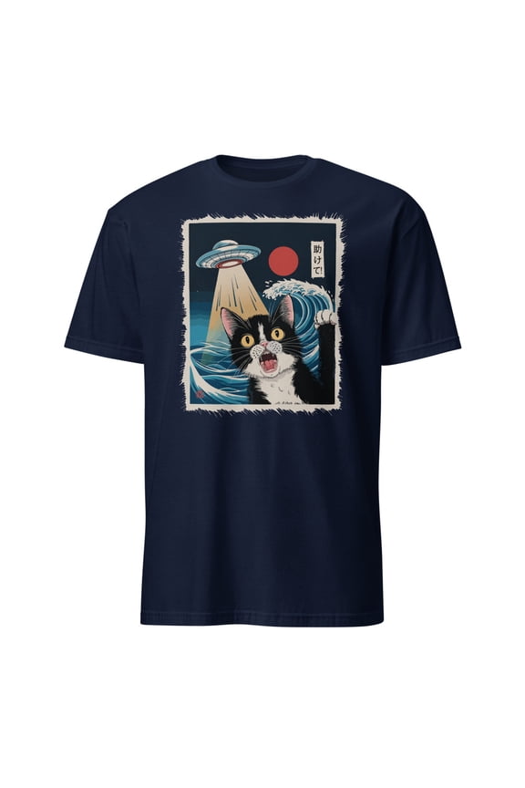 UFO Cat Funny Japanese Art Sci-Fi T-Shirt (Navy, M)