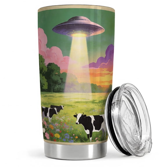UFO Cow Abduction 20oz Tumbler, Alien Farm Tumbler, Daily Coffee and Travel Drinkware, Flying Saucer Meadow Pasture Scene, Sci Fi Country Art, Cow Lovers and Space Enthusiasts