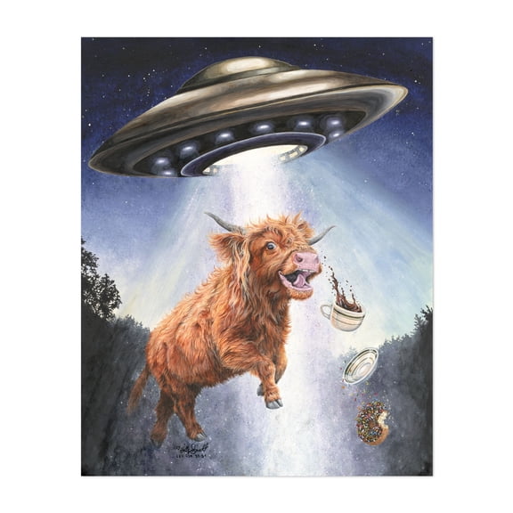 UFO Cow Abduction With Coffee, "Late Night Pick Me Up" - Painting Highland Cow Surrealism Space Humor Sci-Fi Fantasy Unframed Wall Art Print 22 x 28 inches