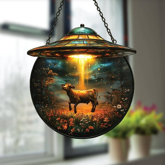 UFO Cow Abduction Sunset Suncatcher, Acrylic Window Hanging with Glowing Beam and Flowers, Sci-Fi Fantasy Decor Gift for Cow Lovers