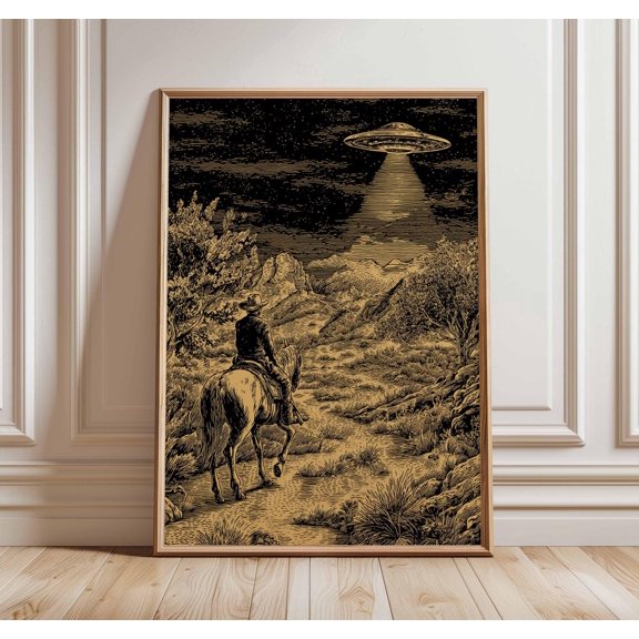 UFO Cowboy Western Sci Fi Nevada Alien Encounter Desert Night Scene Art, Unframed Paper Poster 8x10in