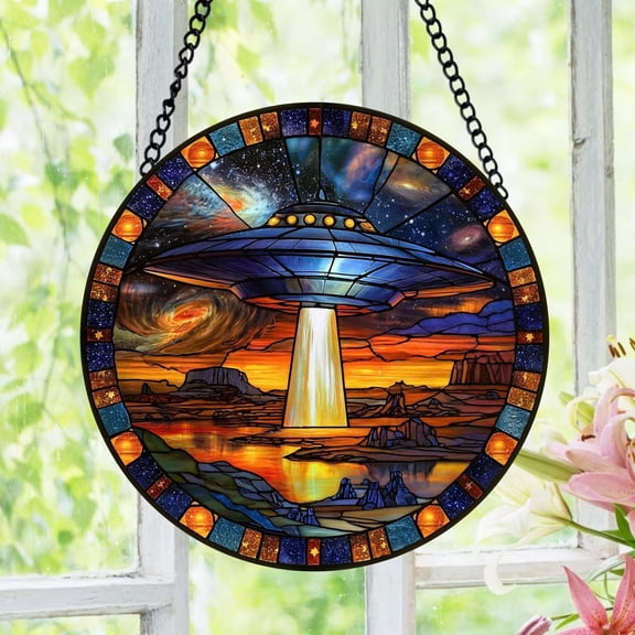 UFO Desert Stained Glass Suncatcher, Alien Spaceship Window Hanging, Sci Fi Galaxy Decor, Cosmic Sunset Gift