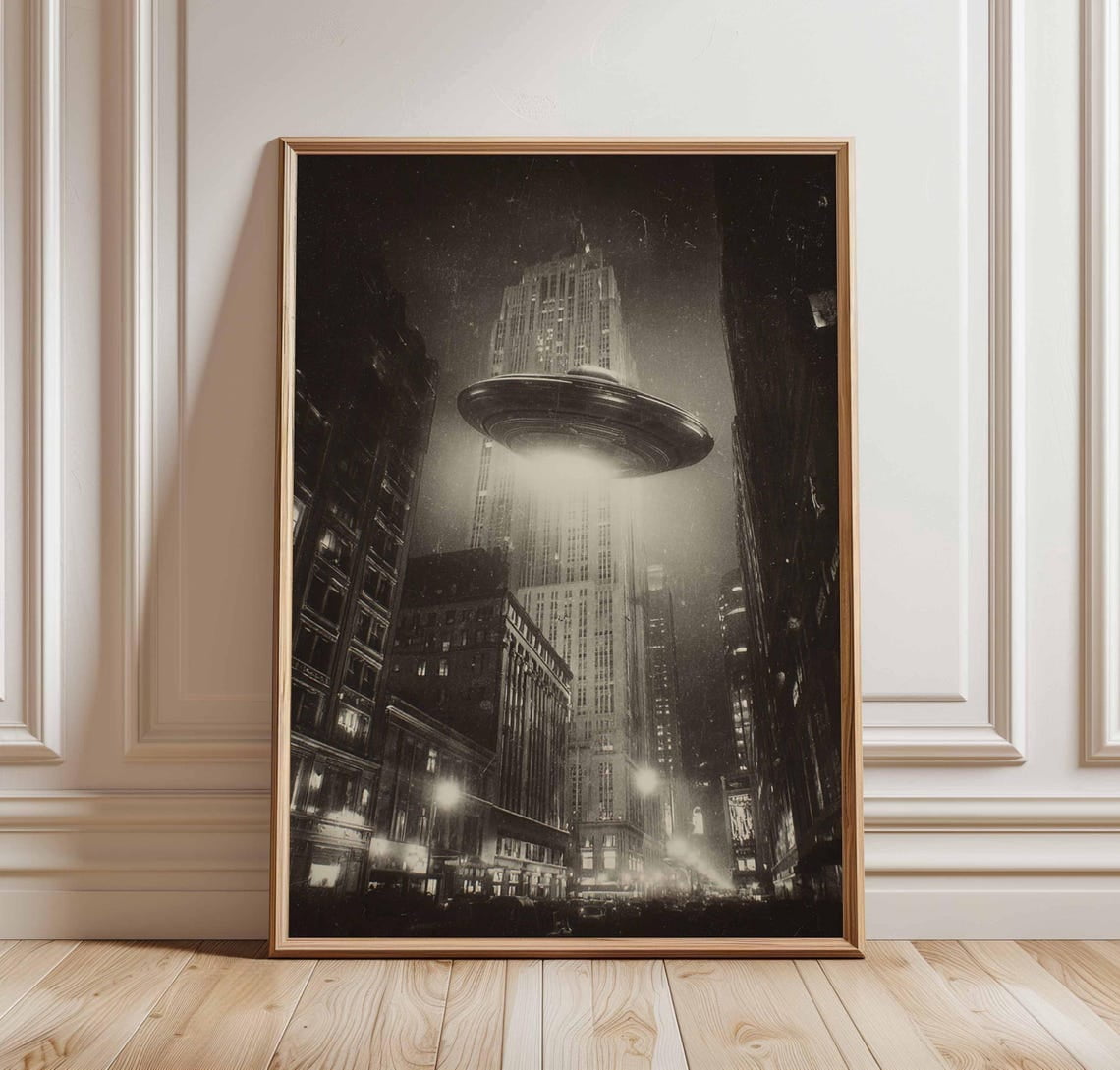 UFO Empire State Wall Art Print, Retro Sci Fi City Illustration, Urban ...
