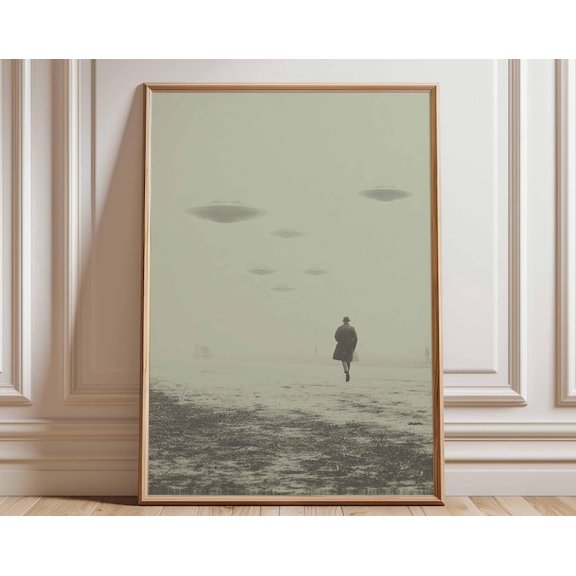 UFO Encounter Vintage Sci-Fi Alien Invasion Surreal Black And White Wall Art Print, Unframed Paper Poster 8x10in