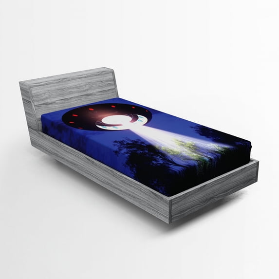 UFO Fitted Sheet, Night Scenery with Aliens Space Travel Science Fiction Themed Composition Woodland, Soft Decorative Fabric Bedding, Twin XL Size, Multicolor, by Ambesonne