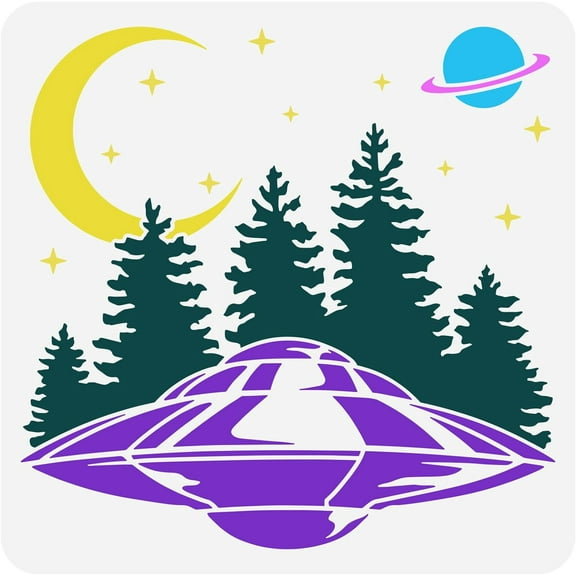 UFO Flies to The Moon Stencil - 11.8x11.8inch Spacecraft in The Forest Reusable Plastic Hollow Out DIY Craft for Painting on Wall Wood Furniture 1pc