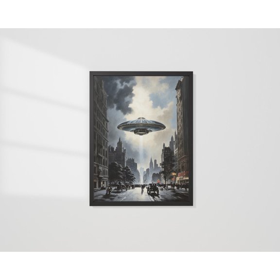 UFO Flying over 1930s New York Retro UFO Fine Art Home Decor, Unframed Paper Poster 8x10in