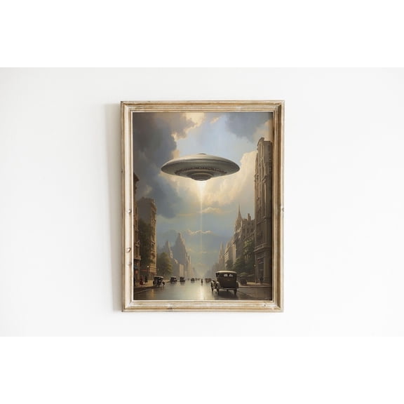 UFO Flying over 1930s New York UFO Wall Art Home Decor Design 1, Stretched Canvas 8x10in