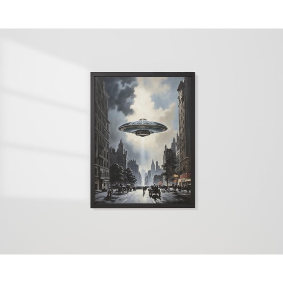 UFO Flying over 1930s New York UFO Wall Art Home Decor Design 2, Unframed Paper Poster 8x10in