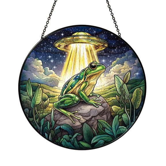 UFO Frog Stained Glass Suncatcher, Alien Lightbeam Window Decor, Whimsical Fantasy Style Home Accent