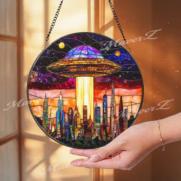 UFO Glass Suncatcher, Alien Spaceship Window Hanging, Sci-Fi Space, 6.3 in