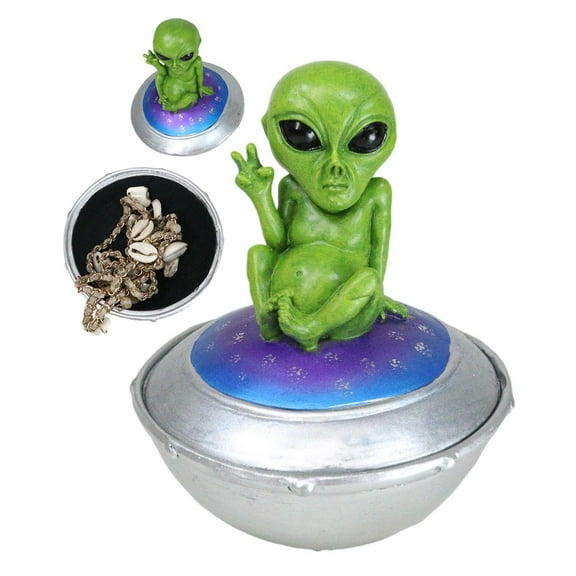 UFO Green Extra Terrestrial Roswell Alien On Spaceship Trinket Box Figurine