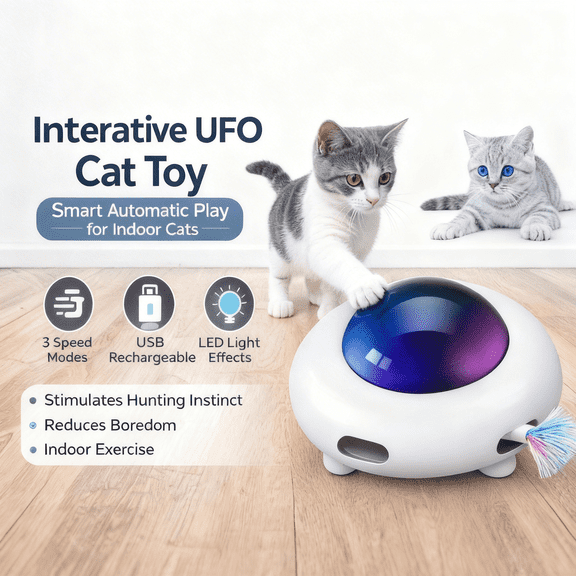UFO Interactive Cat Toy for Adult Cats, 2-in-1 Smart Automatic Teaser with Cleaning Ring, 3 Speed Modes, USB Rechargeable.