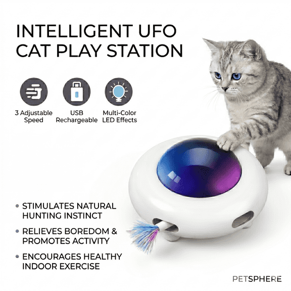 NORVESSA UFO Interactive Cat Toy, Automatic Moving Feather Teaser with 3 Speed Modes, USB Rechargeable Indoor Cat Exercise Toy