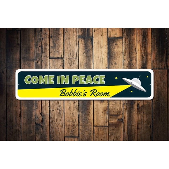 UFO Kid Sign UFO Sign Space Alien Sign Custom Sign for Space Lover Gift Alien Lover Gift Come In Peace Sign-Quality Aluminum - Size: 16 x 4 Inches