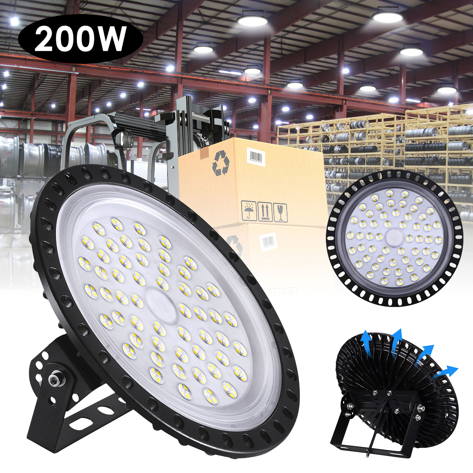 UFO LED High Bay Light 200W 26000 LM with Rotatable Bracket 6500K Daylight IP65 Waterproof