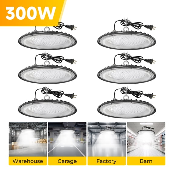 UFO LED High Bay Light 300W 6 Pack, High Bay LED Shop Light 30000LM, 5' Cable with US Plug, High Bay Light for Warehouse Factory Barn Shop