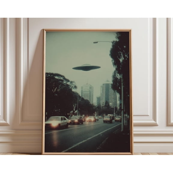 UFO Over City Street Vintage Urban Illustration Wall Art Print, Unframed Paper Poster 8x10in