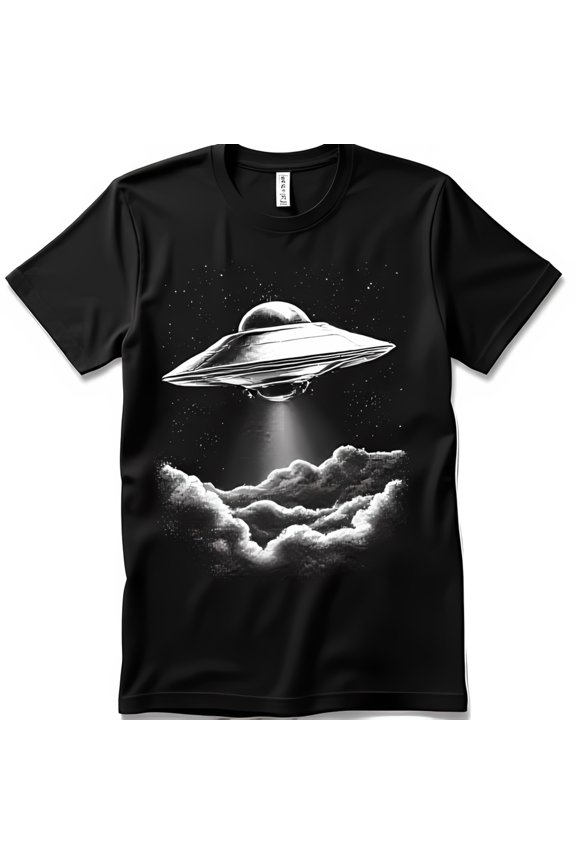 UFO Over Clouds Black T-Shirt Striking White Outline Design Mysterious & Intriguing