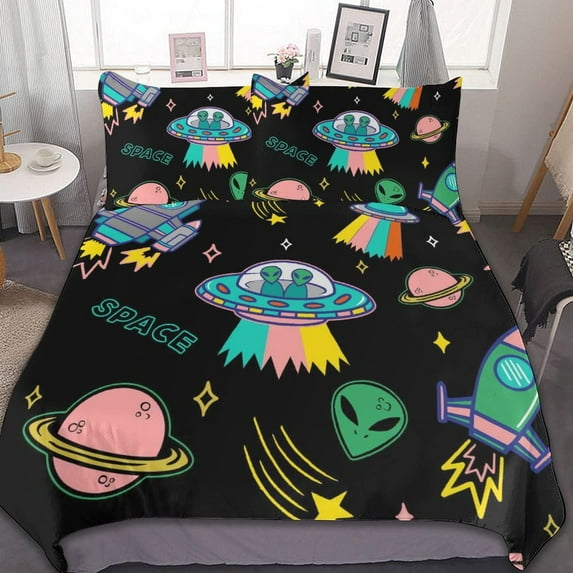 UFO Pattern Duvet Cover Mysterious Alien Abstract Trippy Space King Size Quilt Cover with Pillowcase for Kids Teens Adults