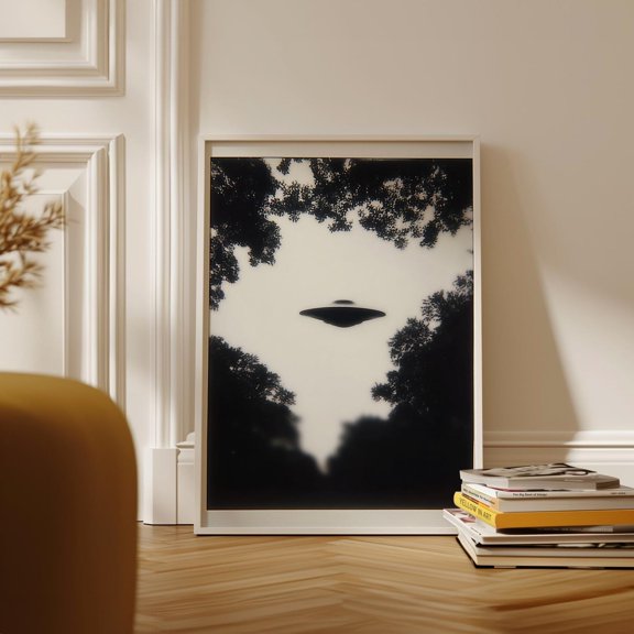 UFO Poster in High-Contrast Black-and-White Silhouette Photography Style UNFRAMED