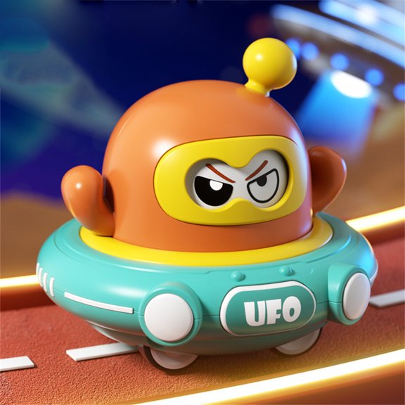 UFO Pull-Back Face-Changing Toy Space Flying Saucer Cartoon Design with Manual Expressions No Battery Needed Friction Powered Spacecraft Vehicle Green
