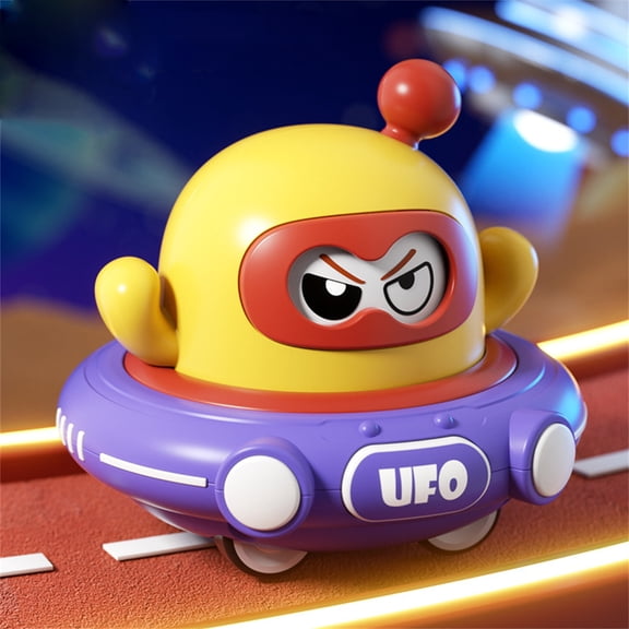 UFO Pull-Back Face-Changing Toy Space Flying Saucer Cartoon Design with Manual Expressions No Battery Needed Friction Powered Spacecraft Vehicle Purple