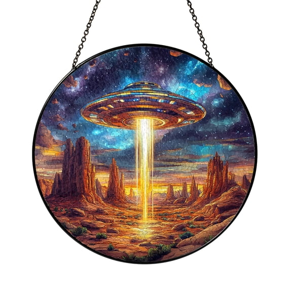 UFO Space Scene Stained Glass Style Ornament, Unique Christmas Tree Hanging, Cosmic Window Decor Gift