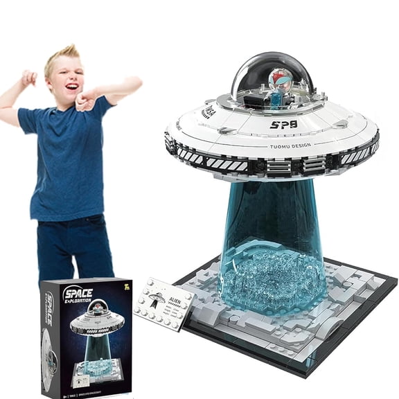 UFO Spaceship Building Block Set, UFO&Alien Building Set, Dual LED Lights and Transparent Base,Gifts for Ages 8+