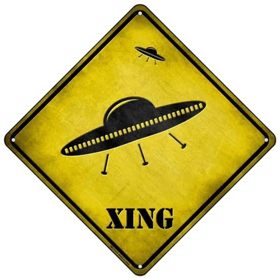 UFO Spaceship Xing Novelty Mini Metal Road Notice Crossing Sign Size: 12 inch x 12 inch