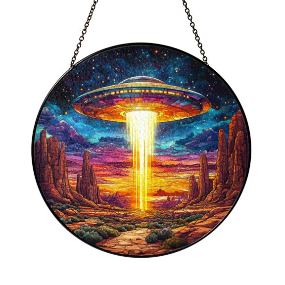 UFO Stained Glass Style Christmas Ornament, Cosmic Night Sky Tree Hanging Decor, Sci Fi Inspired Window Accent Holiday Gift