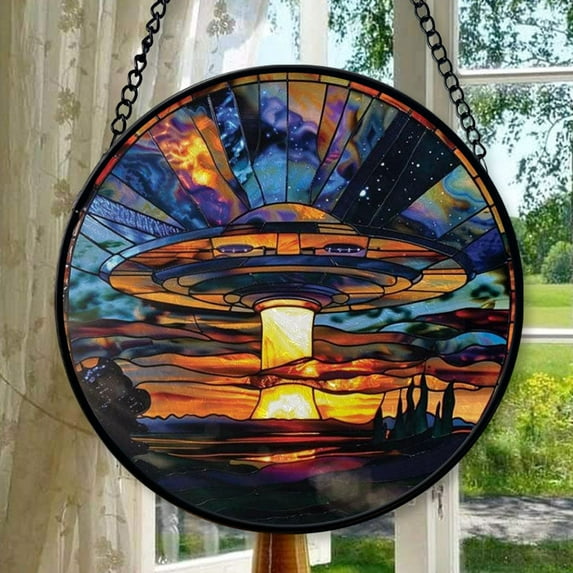 UFO: Stained Glass-Style Christmas Ornament - Made With Real Glass, Stained Glass Ornament 2025, Holiday Decoration, Seasonal Keepsake Gift, Unique Collectible, Window Hanging,