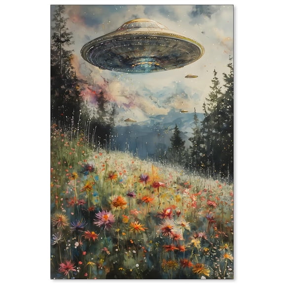 UFO Surrealism Wall Art Trippy Eclectic Spaceship Posters Landscape Wildflower Meadow Canvas Prints for Living Room Bedroom Wall Decor