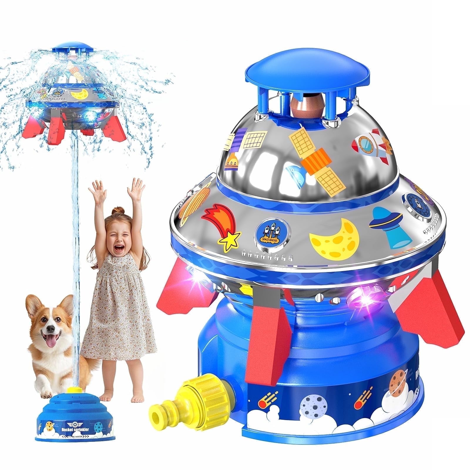 Water Sprinkler for Kids Water Toy with Light Up,Adjustable Height Water Launcher Water Toy Backyard Christmas Birthday Gift for Girls Boys Age 3-12 Year Old- Blue