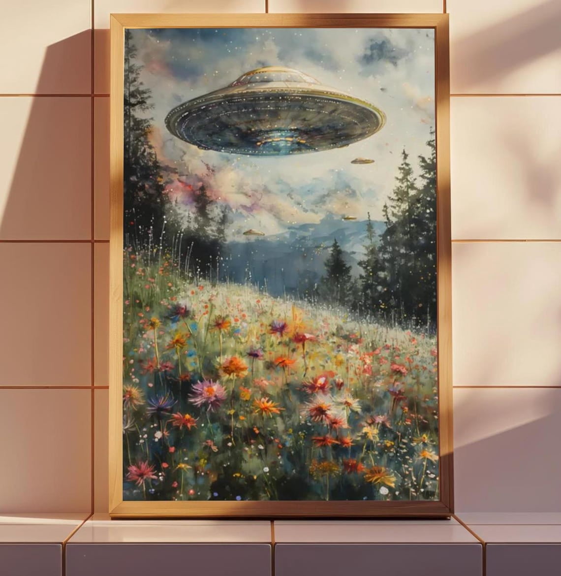 UFO Wildflower Meadow Wall Art Print, Eclectic Cottagecore Surreal ...