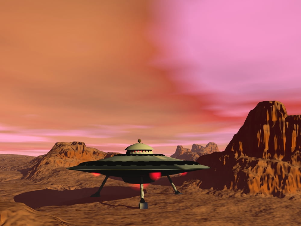 UFO landing on a desert landscape Canvas Art - Elena DuvernayStocktrek Images (17 x 13)