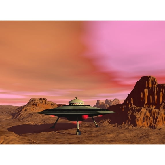 UFO landing on a desert landscape Poster Print