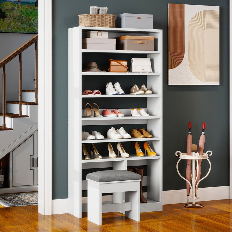 UFORIC 8-Tier Shoe Cabinet with Bench, 70.9" Tall Open Shoe Storage for Entryway, White