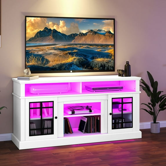 UFORIC Modern TV Stand for 75" TVs with Power Outlets, TV Cabinet Stands Entertainment Center with LED,White
