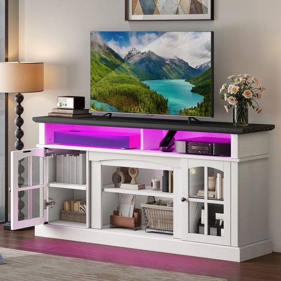 UFORIC TV Stand for 75 Inch TV w/Outlets, Farmhouse Entertainment Center with LED, Media Console TV Cabinet,White
