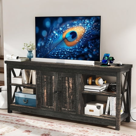 UFORIC TV Stand for Up to 65 Inch TV, Farmhouse Entertainment Center with Power Outlets & Storage for Living Room, Dark Oak
