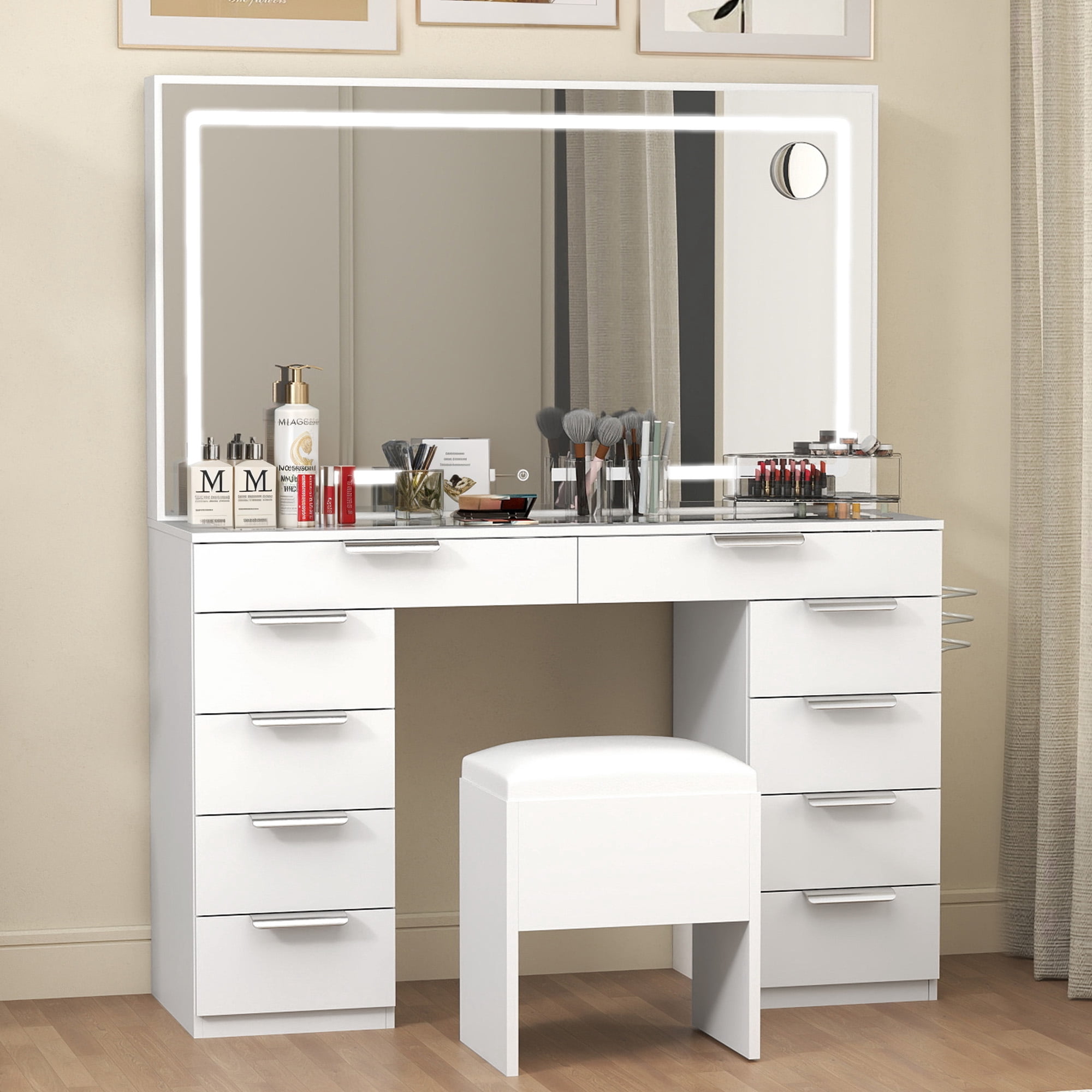 UFORIC Vanity Desk with Mirror, LED Lights & Charging Hub, Makeup Table for Bedroom or Dressing Table, White