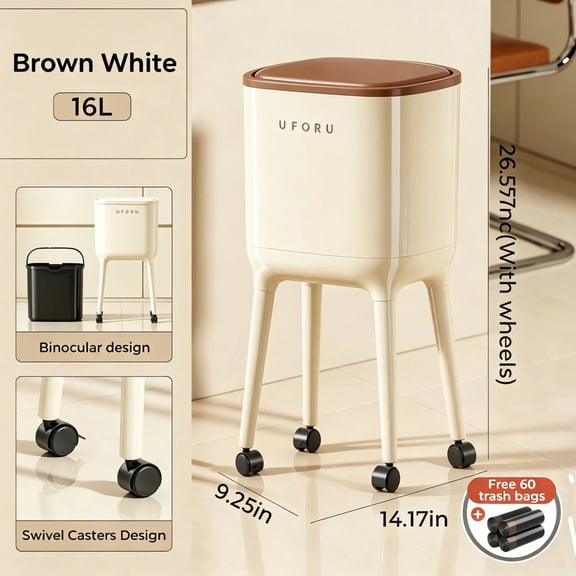 UFORU 16L Rolling Trash Can with 60 Trash Bags, No-Bend High-Leg Design,Lockable Wheels, Durable ABS & PP Construction for Kitchen and Living Room Storage