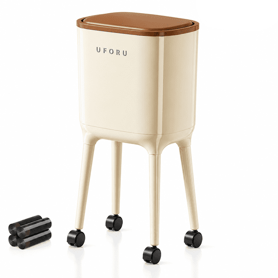 UFORU 16L Rolling Trash Can with 60 Bags, High-Leg No-Bend Design, Lockable Wheels, Durable ABS & PP Bin for Kitchen and Living Room