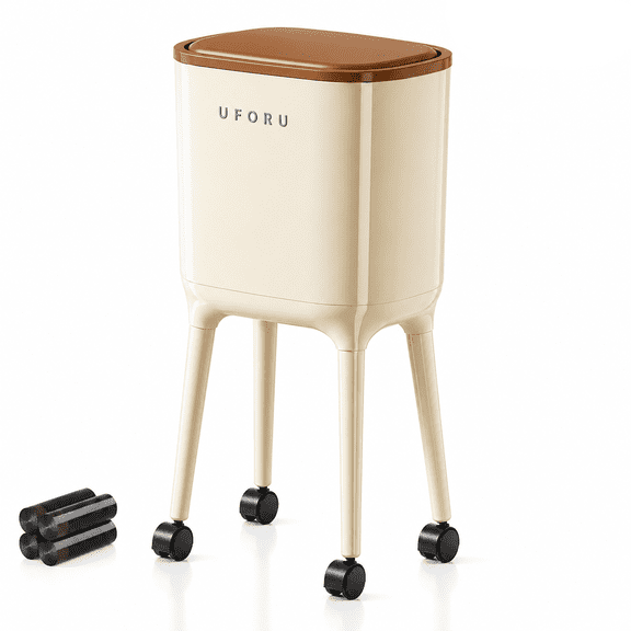 UFORU 16L Rolling Trash Can with 60 Trash Bags, No-Bend High-Leg Design,Lockable Wheels, Durable ABS & PP Construction for Kitchen and Living Room Storage