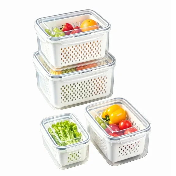UFORU 4 Pack Fridge Organizer Containers, Stackable Fruit & Vegetable Storage Bins with Removable Colander, BPA-Free Food Storage Boxes for Salad, Berries, Lettuce, Produce & Meat