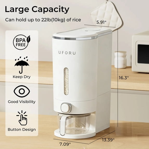 UFORU Airtight Rice Dispenser with Measuring Cup, Insect-Proof Grain Storage Container, Moisture-Resistant Food Storage Bin for Rice, Grains, Cereals, Kitchen & Pantry Use