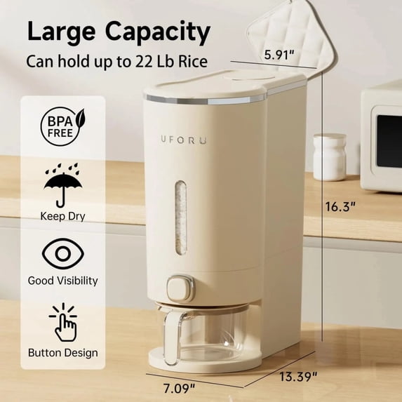 UFORU Airtight Rice Dispenser with Measuring Cup, Insect-Proof Grain Storage Bin for Rice, Cereal and Grains, Kitchen Pantry Organizer
